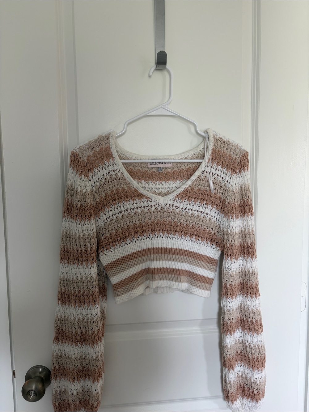 Willow & Wind Cream and Tan Striped Cropped Knit Sweater